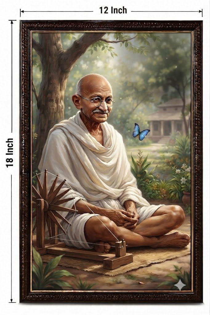 Mahatma Gandhi Wall Art with Charkha Design - Premium Framed Poster for Home & Office Decor (12x18 Inch)