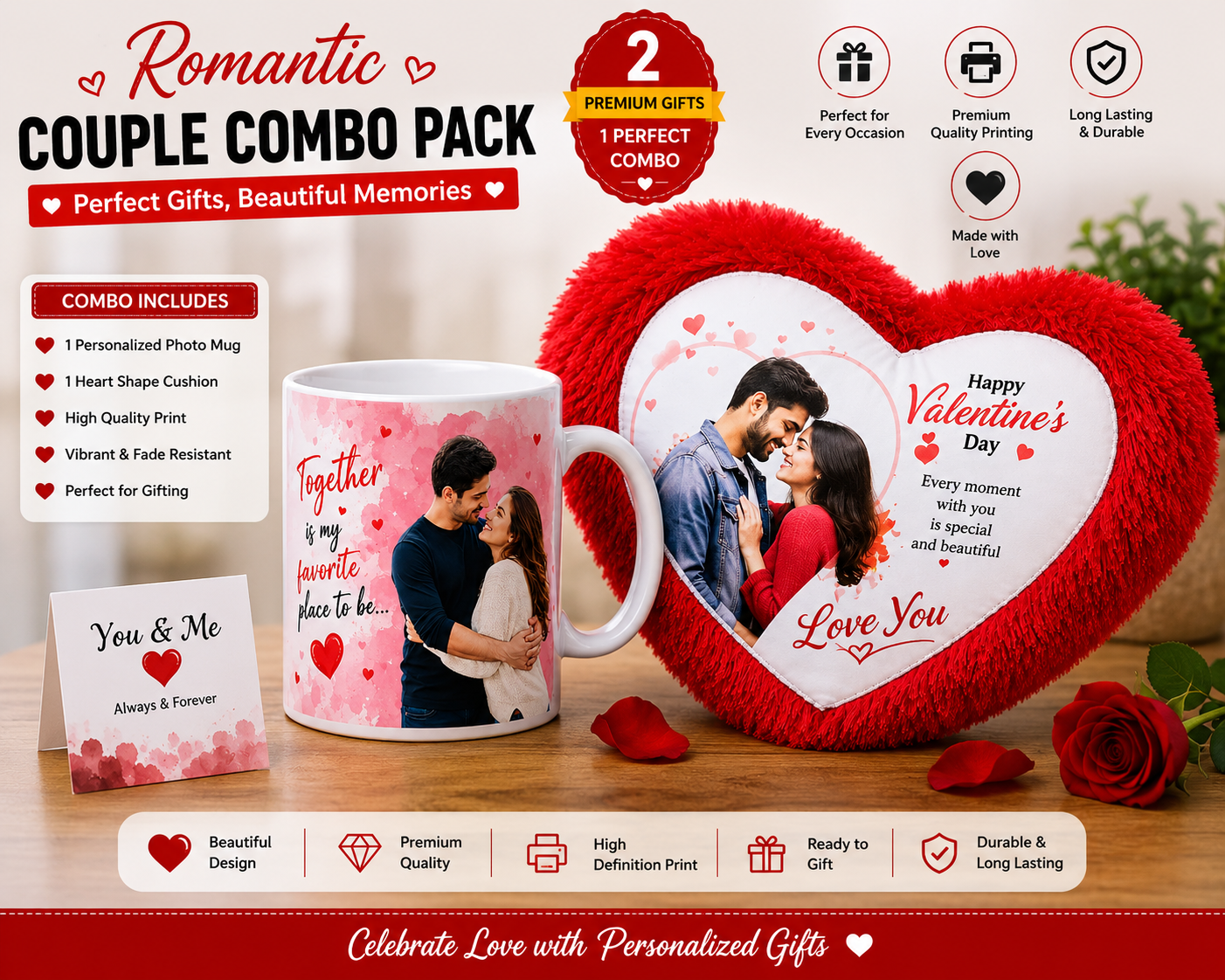 Couple Gift Combo Pack – Personalized Photo Mug & Heart Cushion