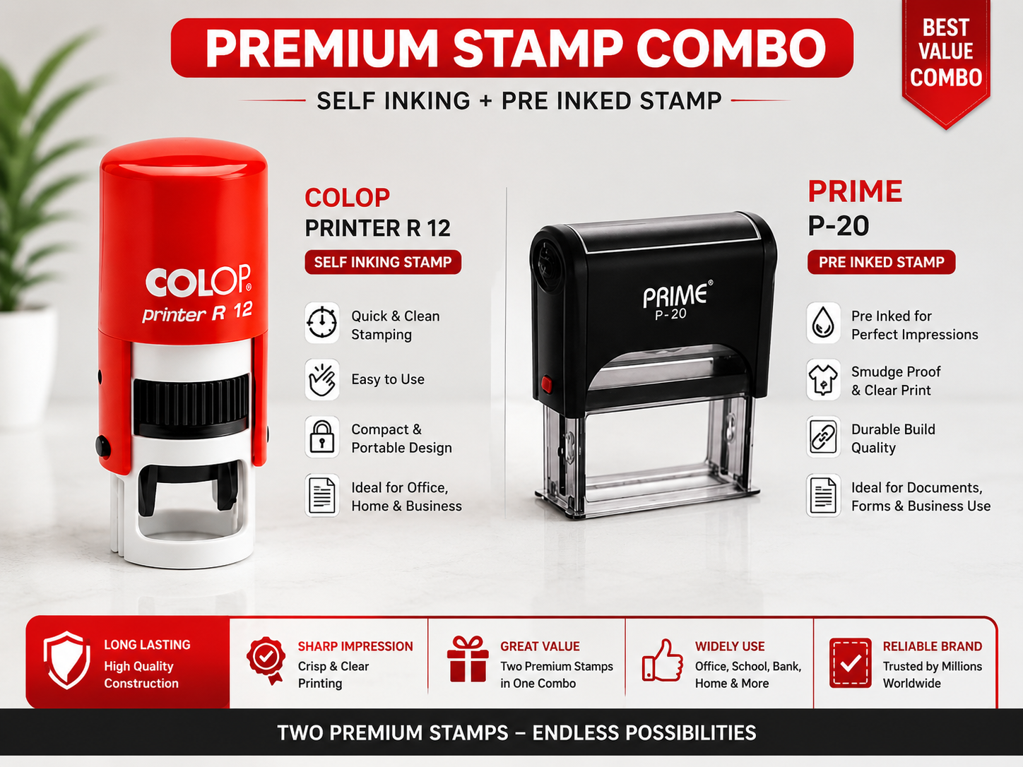COLOP Printer R12 + PRIME P-20 Stamp Combo | Self Inking & Pre-Inked Stamp Set | Office, Business & Personal Use