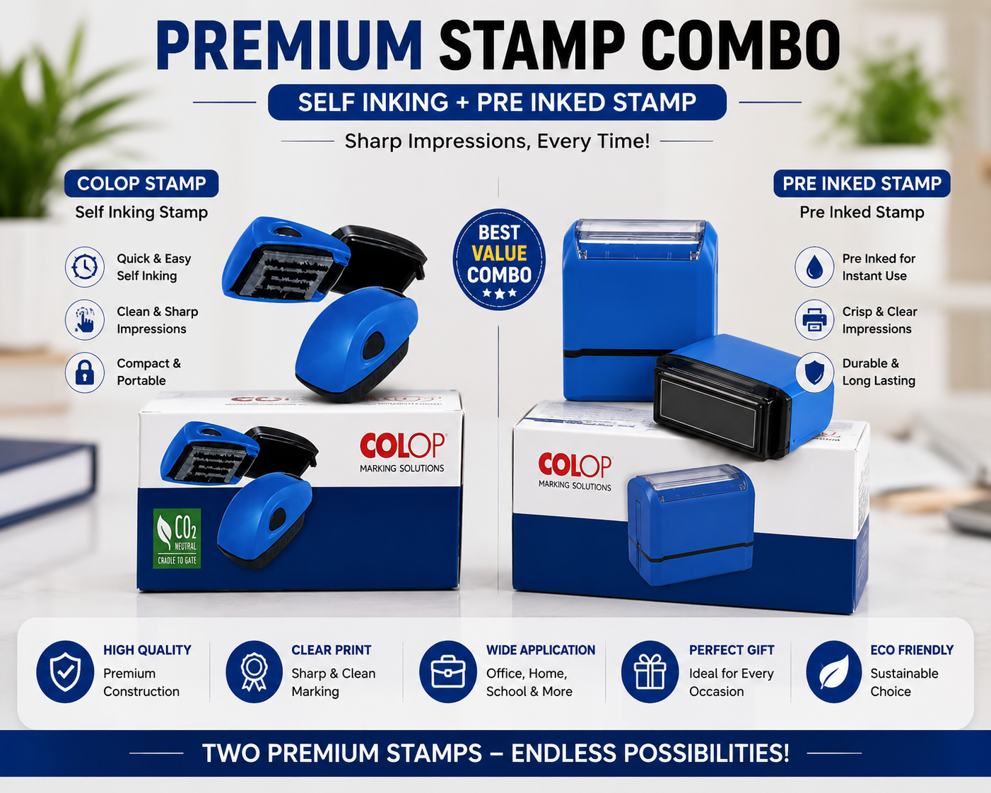 COLOP Self Inking + Pre-Inked Stamp Combo | Premium Stamp Set for Office, Business & Personal Use
