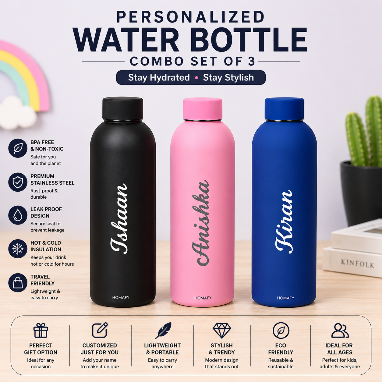 Personalized Premium Water Bottle Combo Set of 3 – Black, Pink & Blue