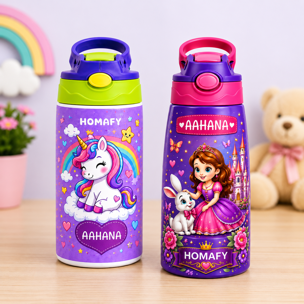 Kids Personalized Water Bottle Combo Set of 2 – Unicorn & Princess Design