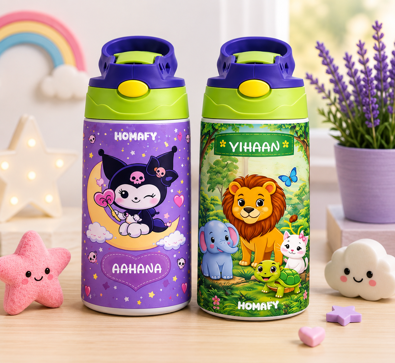 HOMAFY Personalized Kids Stainless Steel Water Bottle Combo (AAHANA & YIHAAN)
