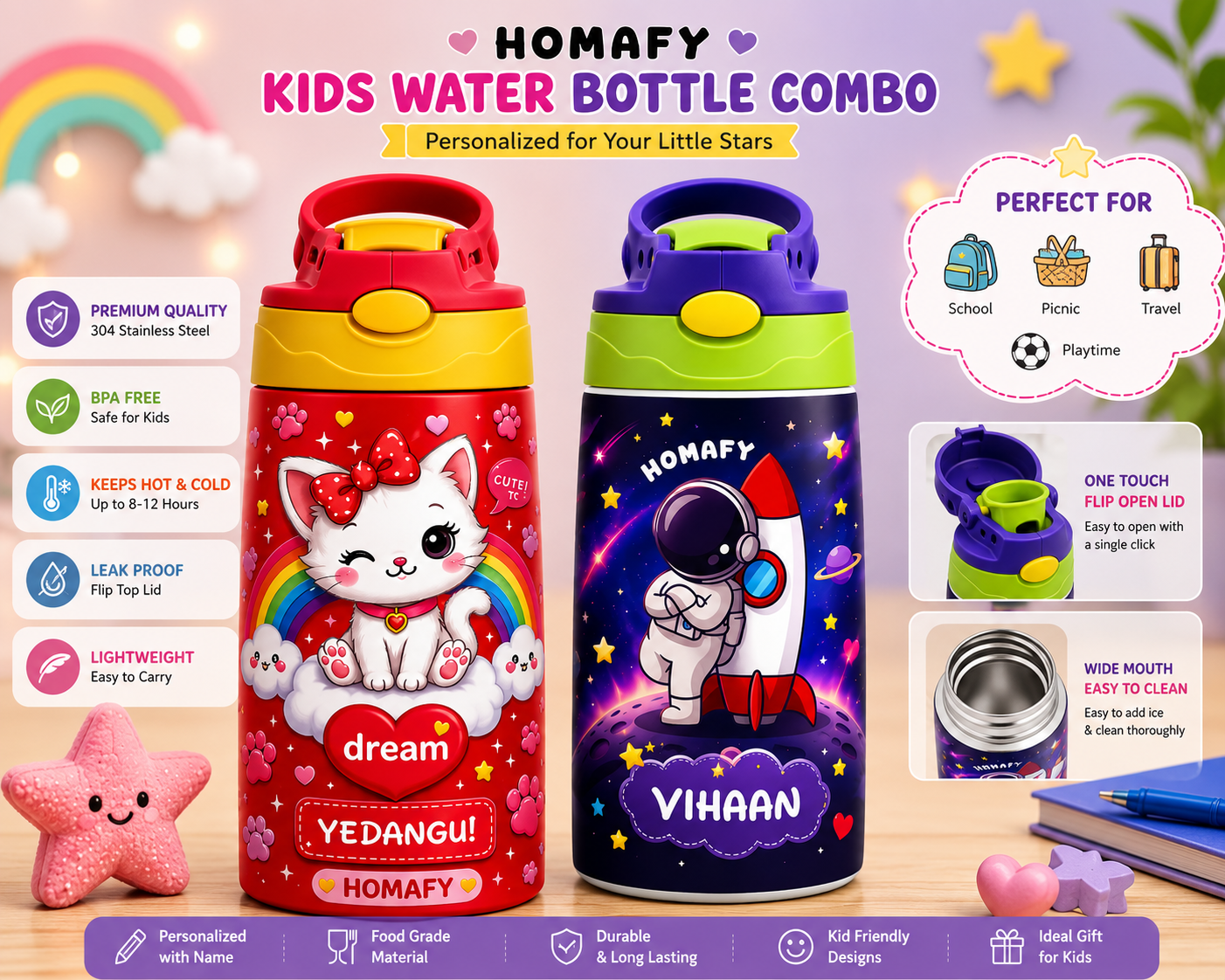 HOMAFY Personalized Kids Stainless Steel Water Bottle Combo – Cat & Astronaut Theme
